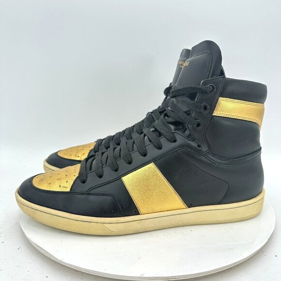 Saint Laurent Men Size EU 42.5 US 9.5 Black Gold Leather High Top Training Shoes - Picture 1 of 11
